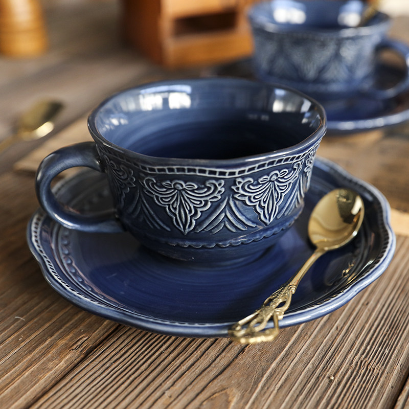 巴洛克蓝色咖啡杯碟法式中古陶瓷杯轻奢下午茶杯复古浮雕早餐杯子