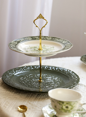 下午茶点心架墨绿色甜品盘两层架零食托盘欧式浮雕盘客厅蛋糕架子