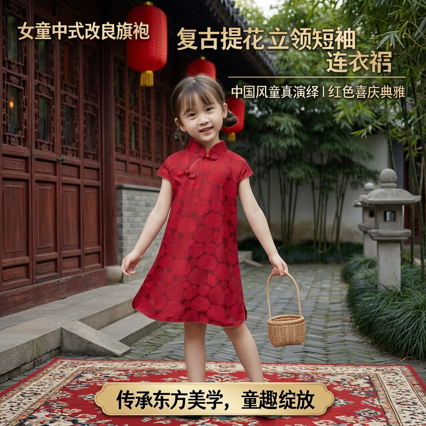 女童红色中式改良旗袍连衣裙