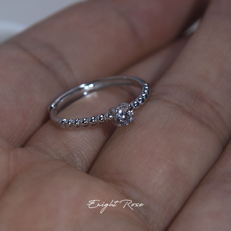 如意玫瑰/925纯银珠珠钻戒指单钻豆豆锆石戒子简约叠戴ins指环女