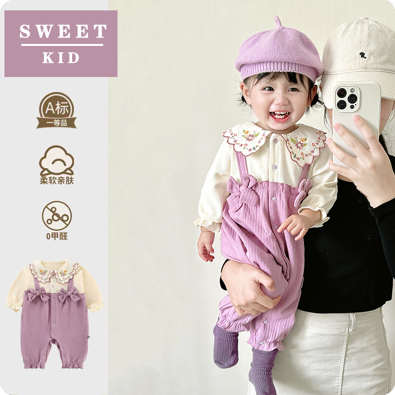 秋装娃娃领假两件单排扣连体衣