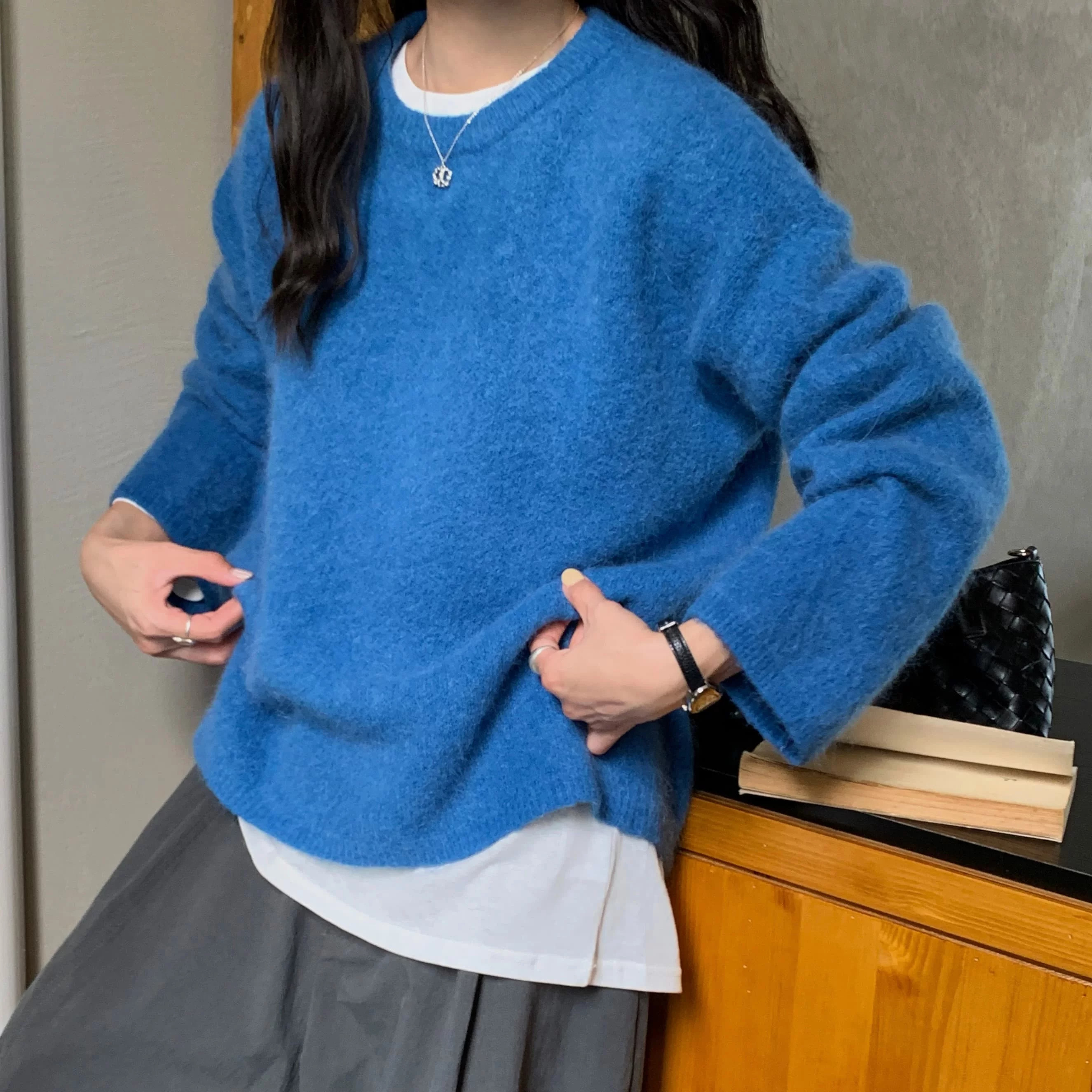 秋冬韩系克莱因蓝宽松针织毛衣女