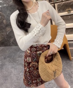 口羊毛针织衫 欧洲站2025冬季 花边圆领钩花袖 时尚 亲肤打底毛衣 新款