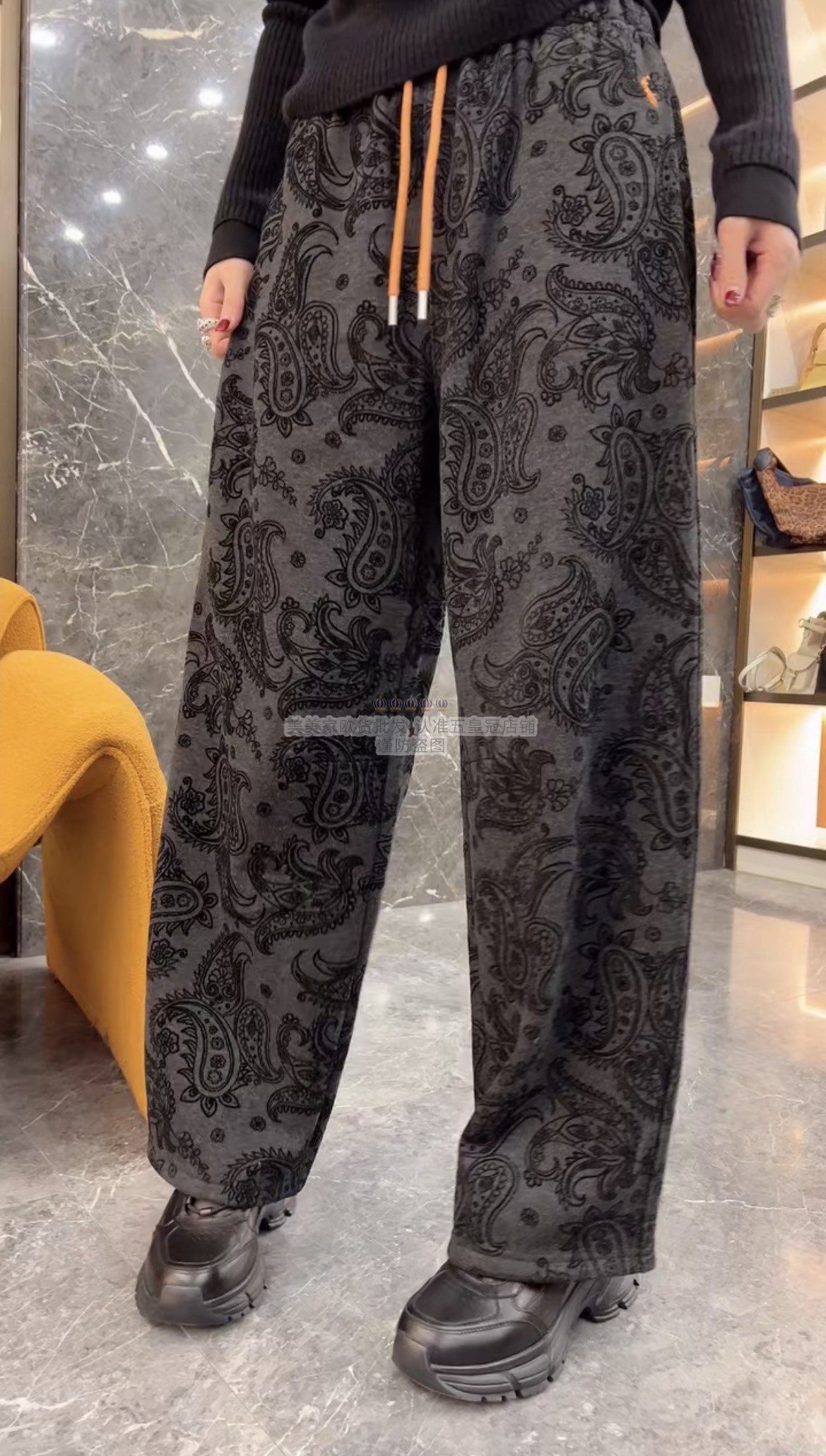 欧洲站2025冬季新款腰果花提花休闲阔腿裤松紧腰抽绳加绒显瘦裤子