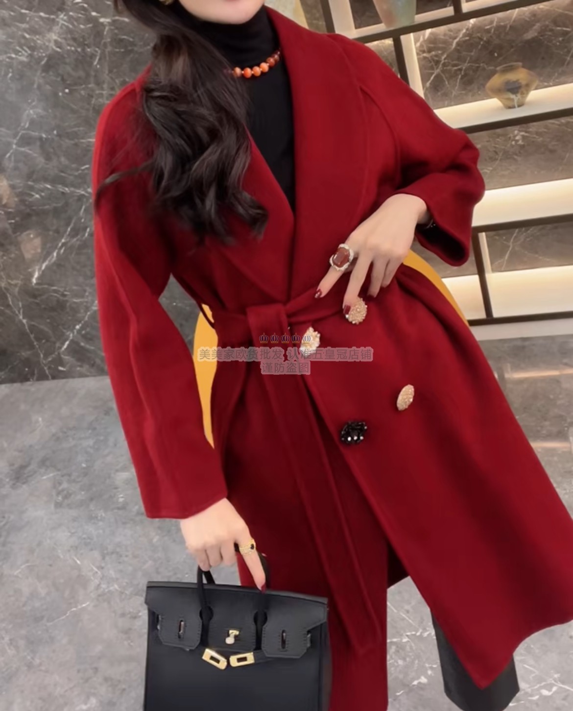 欧货2025秋装新款时尚翻领双排扣系带大衣中长款修身显瘦毛呢外套