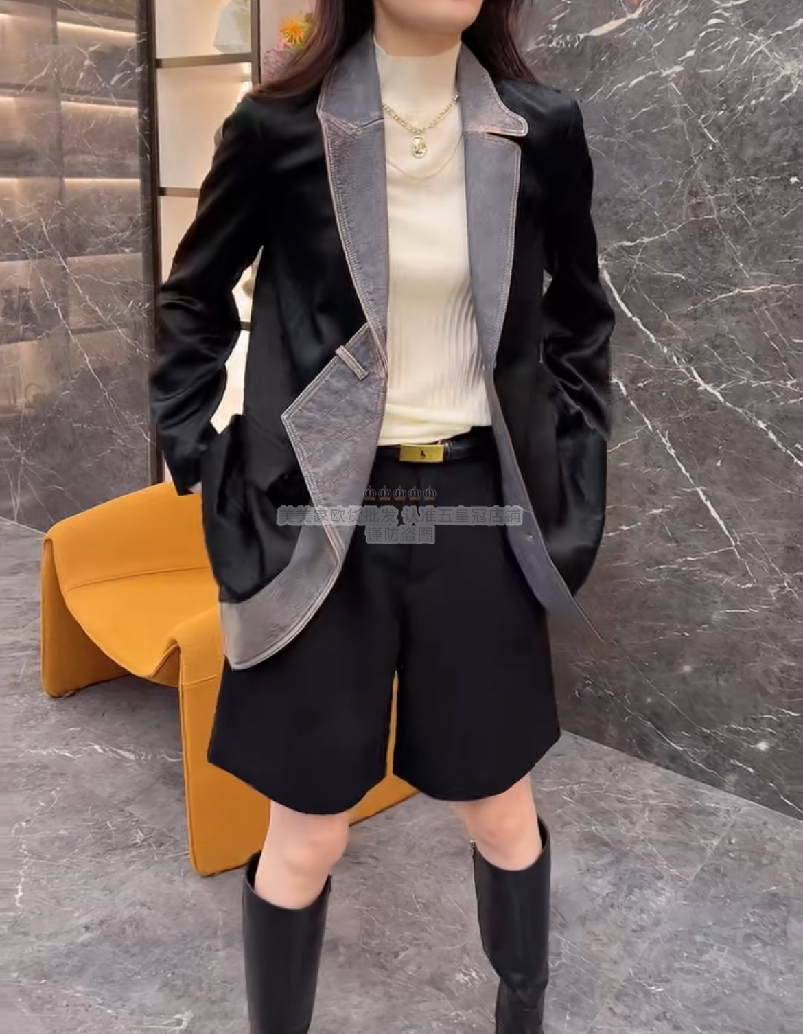 欧货2025秋装新款时尚翻领撞色牛仔拼接西装外套百搭休闲通勤上衣