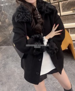 欧货2025秋冬新款 进口小湖羊拼接翻领羊绒大衣高级感简约毛呢外套