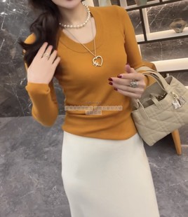 新款 纯色打底长袖 时尚 显瘦羊毛针织衫 上衣 U领修身 欧洲站2025春季