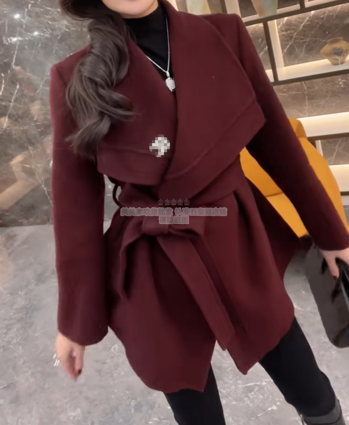 欧洲站2025冬季新款时尚翻领系带收腰显瘦毛呢外套中长款大衣羊绒