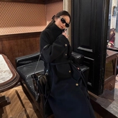 赫本风气质黑色简约立领高级长款 蒋哇塞 冬日女王 毛呢外套