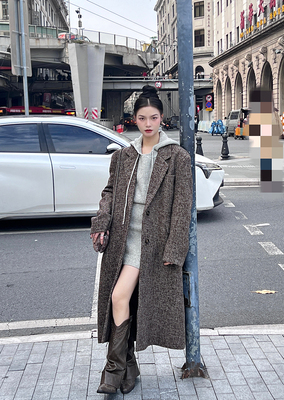 加棉呢大衣女杂色中长款西装外套