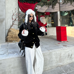 蒋哇塞 菱格复古小香风丝绒棉服外套女冬季新款黑色翻领厚棉衣