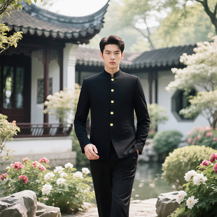 新中式立领国风中山装男士青年订婚新郎结婚西装礼服喜服平时可穿