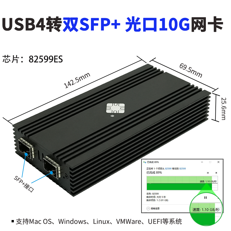 乐扩 USB4/雷电转10G双光口SFP+网卡兼容雷电3/4 适用于苹果MAC M4免驱