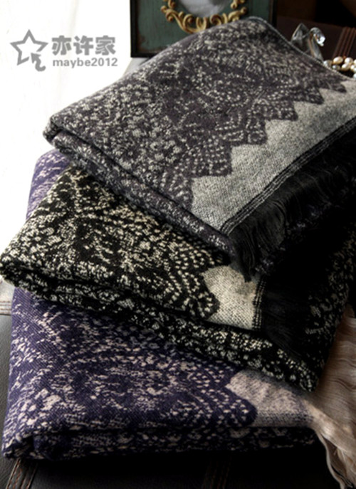 【亦许家】韩国韩版复古蕾丝花纹加厚羊毛仿羊绒女长大围巾