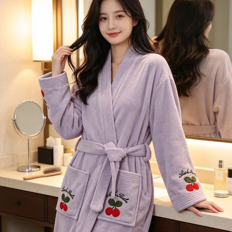 睡袍法兰绒2026新款珊瑚绒秋冬保暖女款樱桃加厚长款家居服睡衣