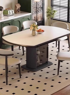 岩板餐桌可伸缩家用中古风小户型黑色实木储物方圆两用可变圆桌