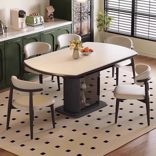 岩板餐桌可伸缩家用中古风小户型黑色实木储物方圆两用可变圆桌