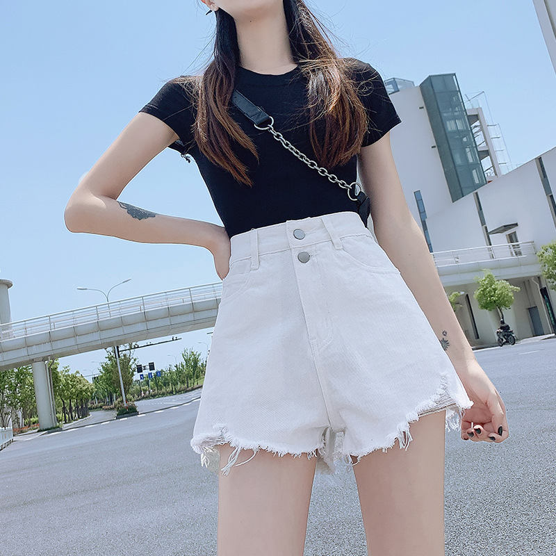 2022夏季腰双扣撕烂破洞牛仔短裤女Women Jeans Shorts