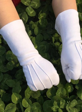 纯棉白色礼仪白手套仪仗队阅兵三筋魔术贴加长款礼宾分指执勤手套