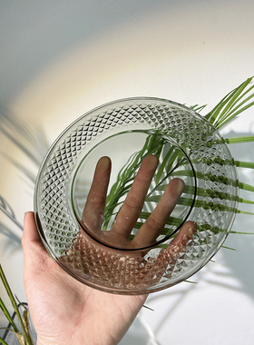 北欧钻石灰色盘透明小烛台盘桌面摆件玻璃盘圆形装饰纯色原色料