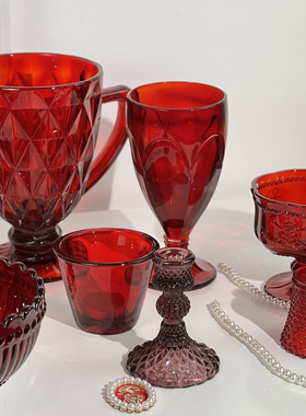 龙年红色系列~美丽的火焰婚礼节日治愈色料红色玻璃高脚杯水杯