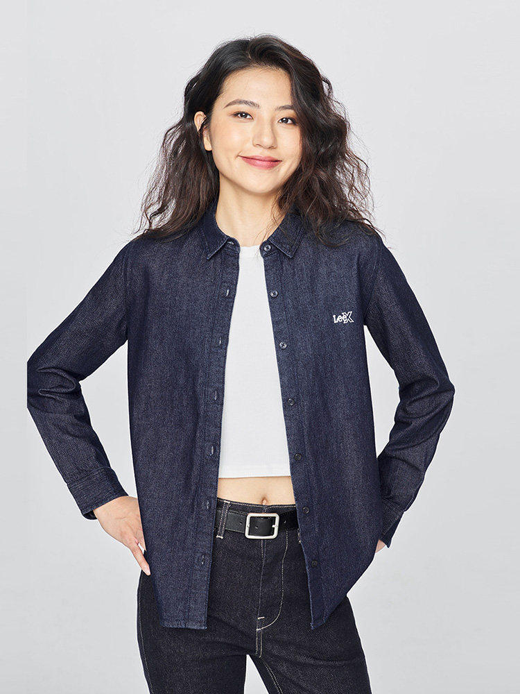 Lee正品25秋冬刺绣小Logo女长袖牛仔衬衫LMT0108586DE00F-A08754