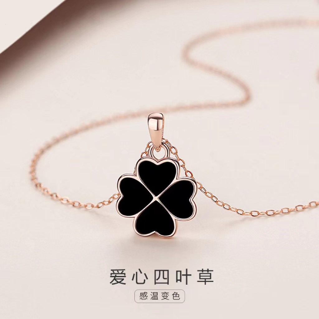变色四叶草纯银女生滴胶黑红心形