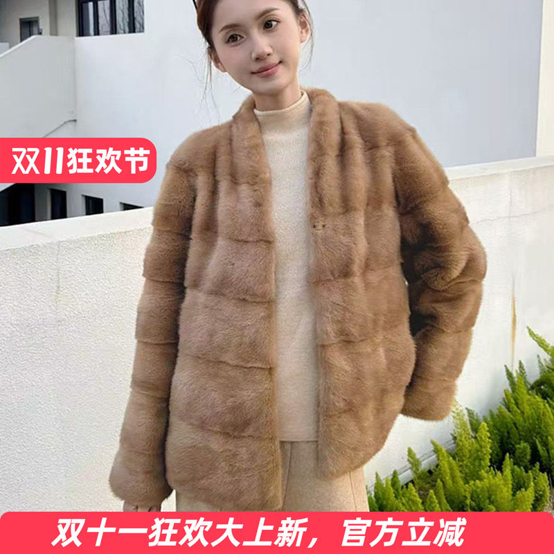 貂皮大衣女整貂皮草外套时尚横排V领短款2026冬季新款海宁裘皮