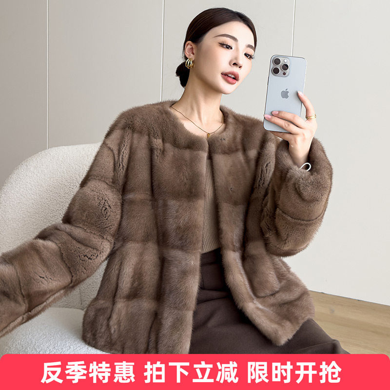 水貂皮大衣女整貂短款皮草圆领貂毛外套2025年冬横排新款年轻款