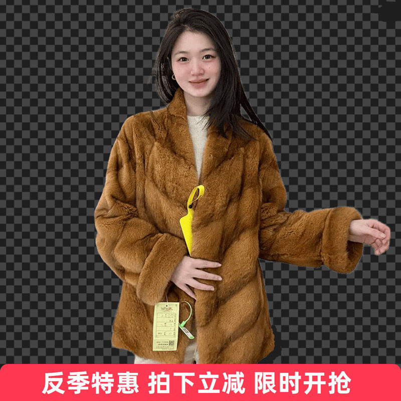 水貂皮大衣女进口整貂皮草外套真貂毛时尚V领2025冬季新款琥珀金