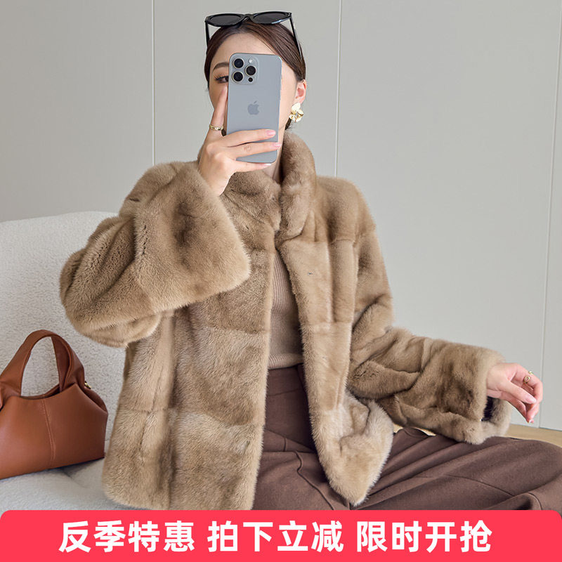 水貂皮大衣女简约短款立领横排整貂毛皮草2025新款小母貂裘皮外套