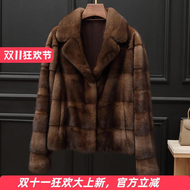 貂毛大衣女海宁水貂皮短款冬西装领进口整貂时尚横排咖啡本色外套
