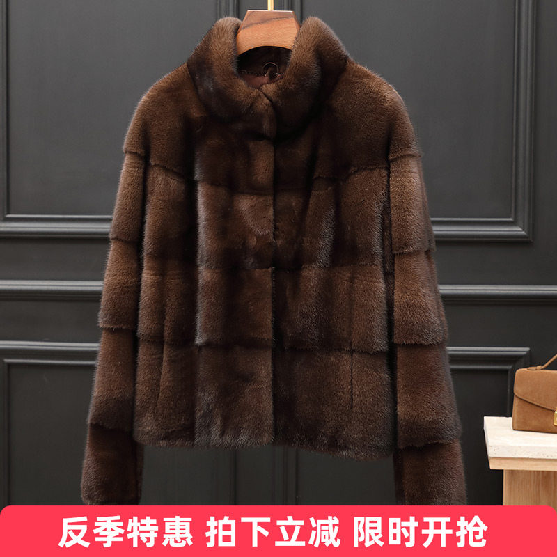 水貂皮大衣女短款立领长袖横排夹克海宁整貂皮草外套修身2025新款