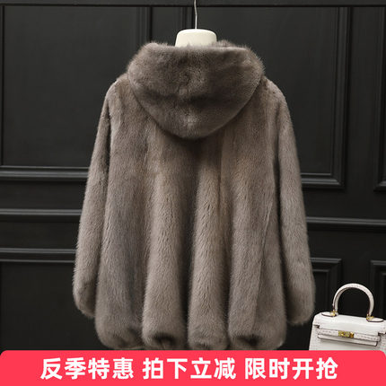水貂皮大衣女士整貂皮草短款外套貂毛貂毛2025冬季新款带连帽时尚