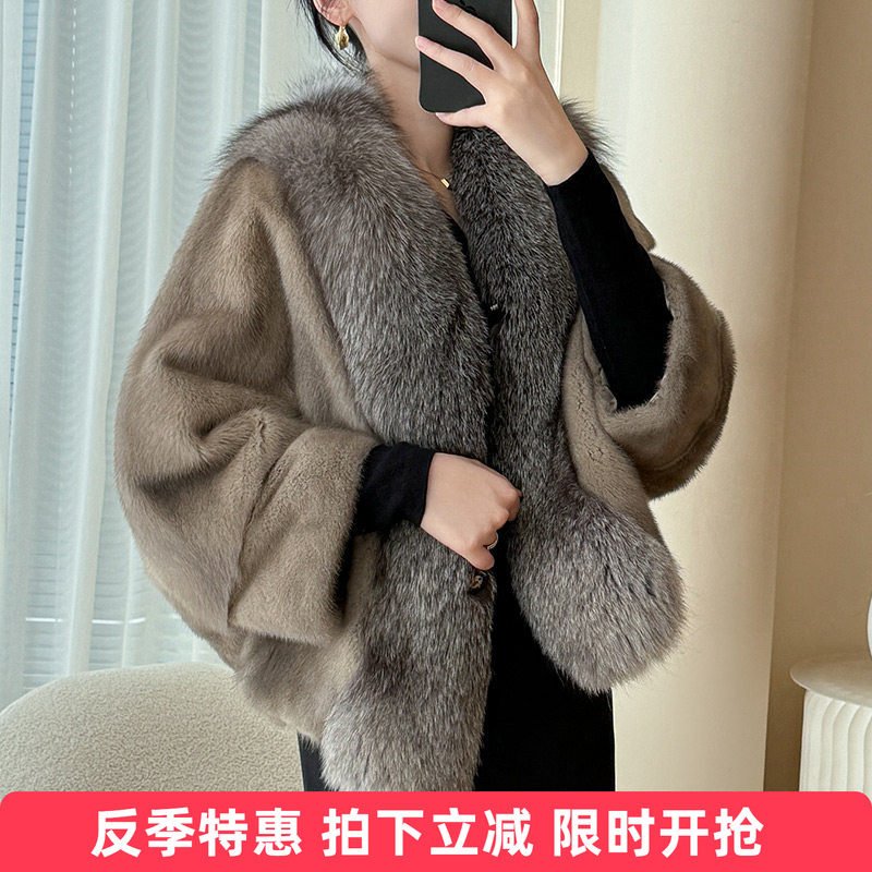 水貂皮大衣整貂皮草外套女貂毛海宁2025新款裘皮毛V领短款狐狸毛