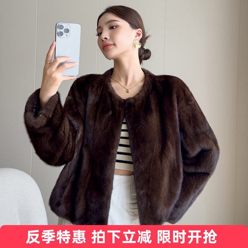 水貂皮大衣女整貂皮草外套时尚圆领本色母貂毛短款2025新海宁裘皮