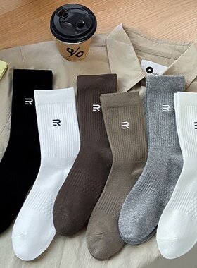 袜子男款中筒袜刺绣R春秋季棉袜吸汗透气运动潮流男士秋冬长袜子