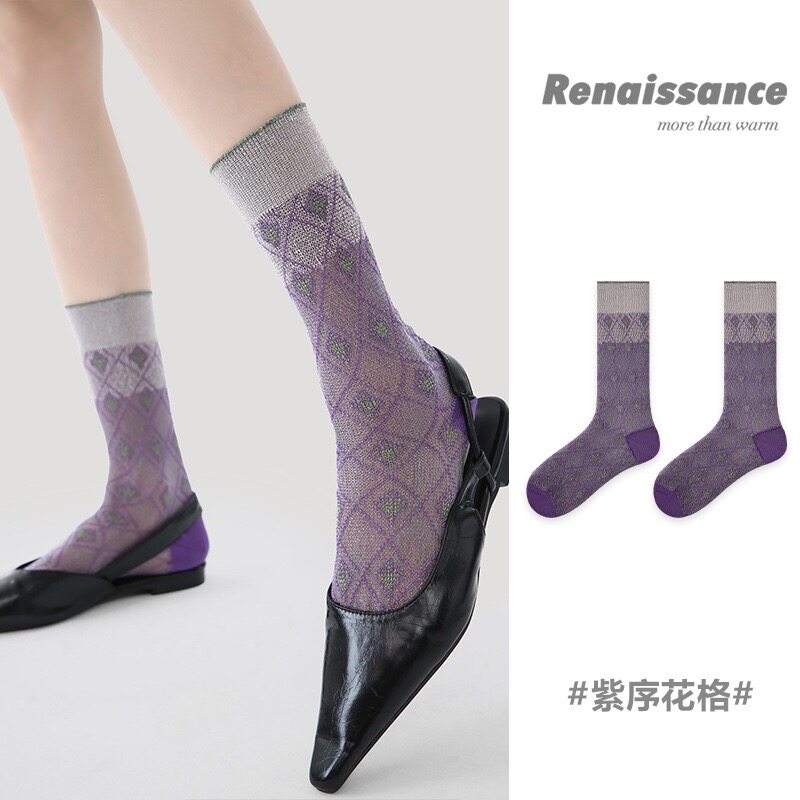步履靴下潮袜原创女袜春夏季薄款透气无骨中筒袜紫色可爱袜子女