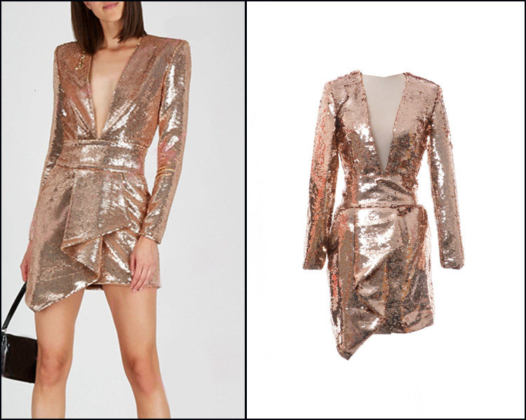 欧美潮牌复古深V领显瘦收腰亮片高腰连衣裙女包臀短裙年会礼服裙