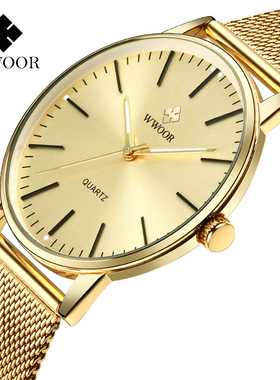 全金色WWOOR气质男士金色网带石英手表防水简约三针送长辈礼物