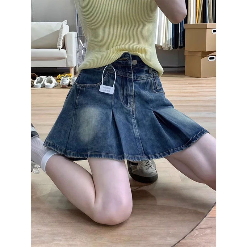 大码胖mm复古百褶牛仔半身裙女夏季防走光高腰显瘦包臀a字短裙子,女装/女士精品,半身裙,淘宝优惠券,粉丝福利购,淘宝优惠卷