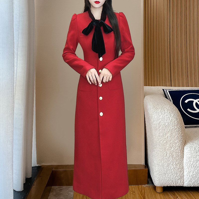 红色风衣外套秋冬新款韩版修身中长款毛呢连衣裙气质拼接呢子外套
