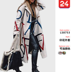 现货！2025欧美跨境秋冬新款女装宽松大码印花风衣翻领大衣外套女