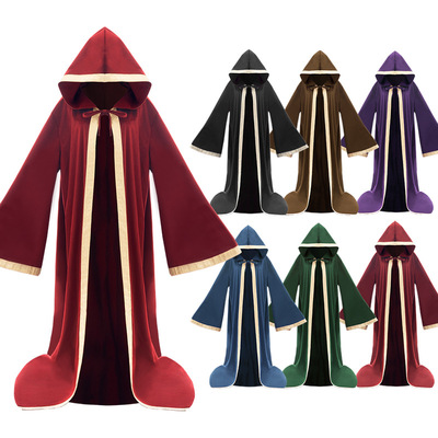 万圣节演出服死神教父cosplay连帽斗篷中世纪6色印花边麂皮绒披风