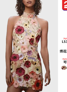 2025年春装欧美女装跨境刺绣立体花挂脖修身连衣裙小礼服裙包臀裙