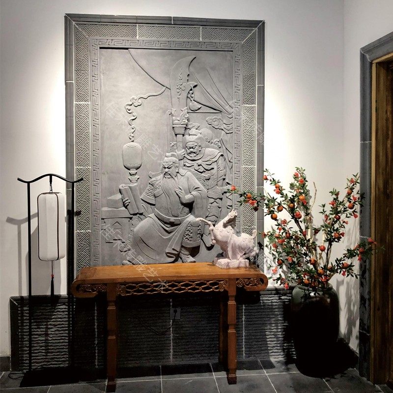 古建中式仿古砖雕3d立体青砖雕刻大型浮雕装饰背景墙壁画壁饰关公