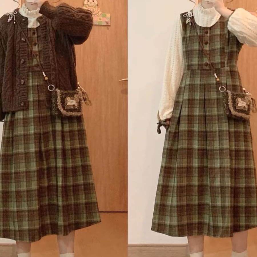 法式森系毛呢假两件小个子连衣裙2025新款秋冬收腰裙毛衣两件套潮