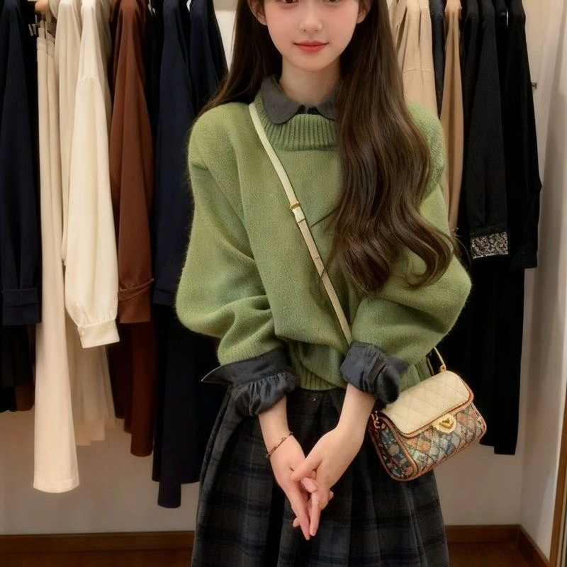 韩系绿色针织圆领长袖毛衣