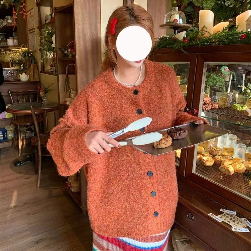 慵懒风橘色针织开衫毛衣